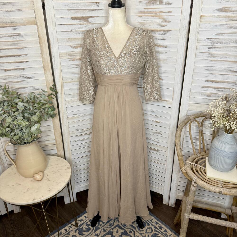 RICKIE FREEMAN TERI JON Women's 10 Lace Bodice Silk Gown Dress Champaign Sparkly - Picture 2 of 16